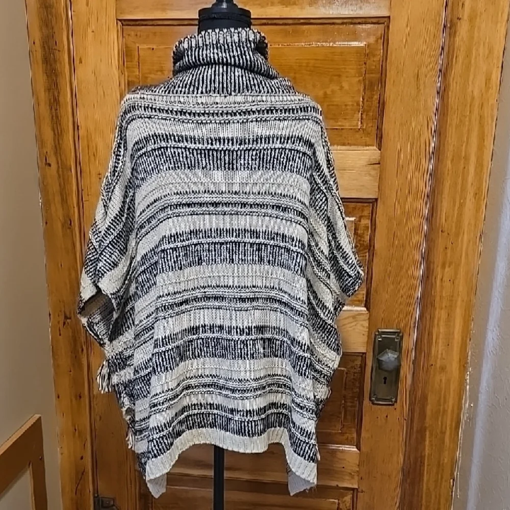 Linda Anderson Chic Boho  Cowl Neck Striped Black and White Fringe Poncho OS